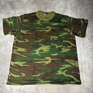 VTG 80s Camo Pocket T-Shirt Mens XL Single Stitch Americana USA Made Woodland